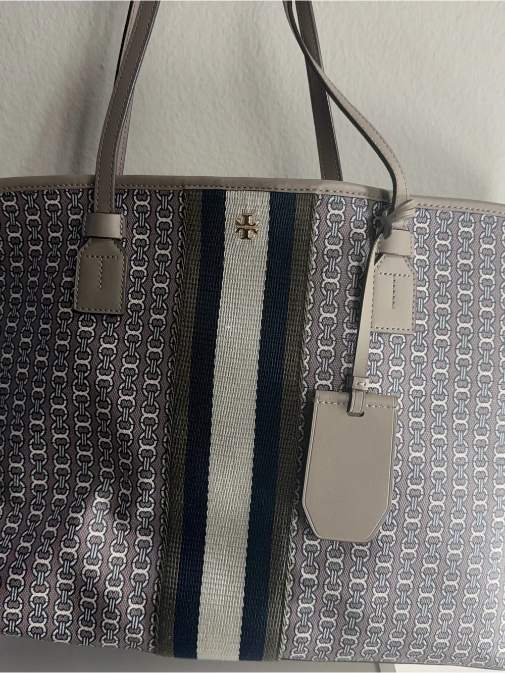 Tory Burch Beige and Navy Striped Logo Tote